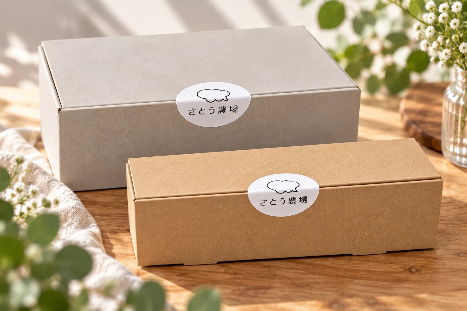 さとう農場のロゴシールを貼ったギフト箱。奥のグレーの箱が6個セット、手前のクラフトの箱が4個セット